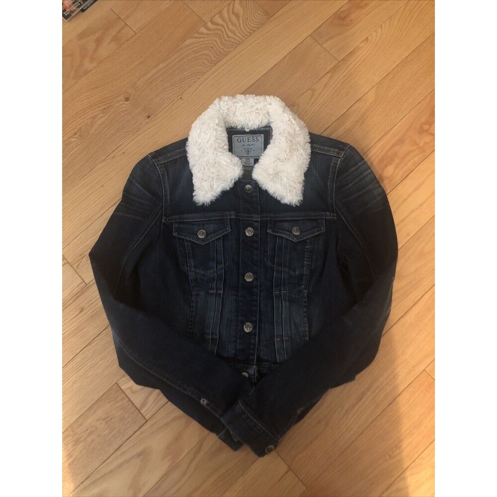 Guess Los Angeles Girls Faux Shearling Collar Denim Jacket Size M Excellent Cond